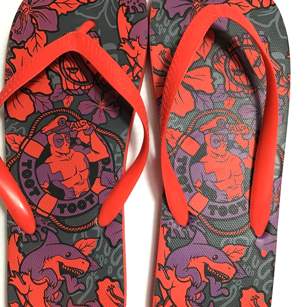 Marvel DEADPOOL Sandals Flip Flops Mens 11.5 Red Black Purple Toot Toot Dr Doom - Picture 4 of 6